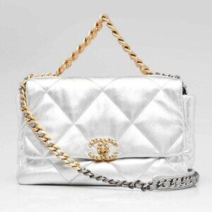 Chanel Metallic Silver Quilted Lambskin Leather Large Chanel 19 Bag